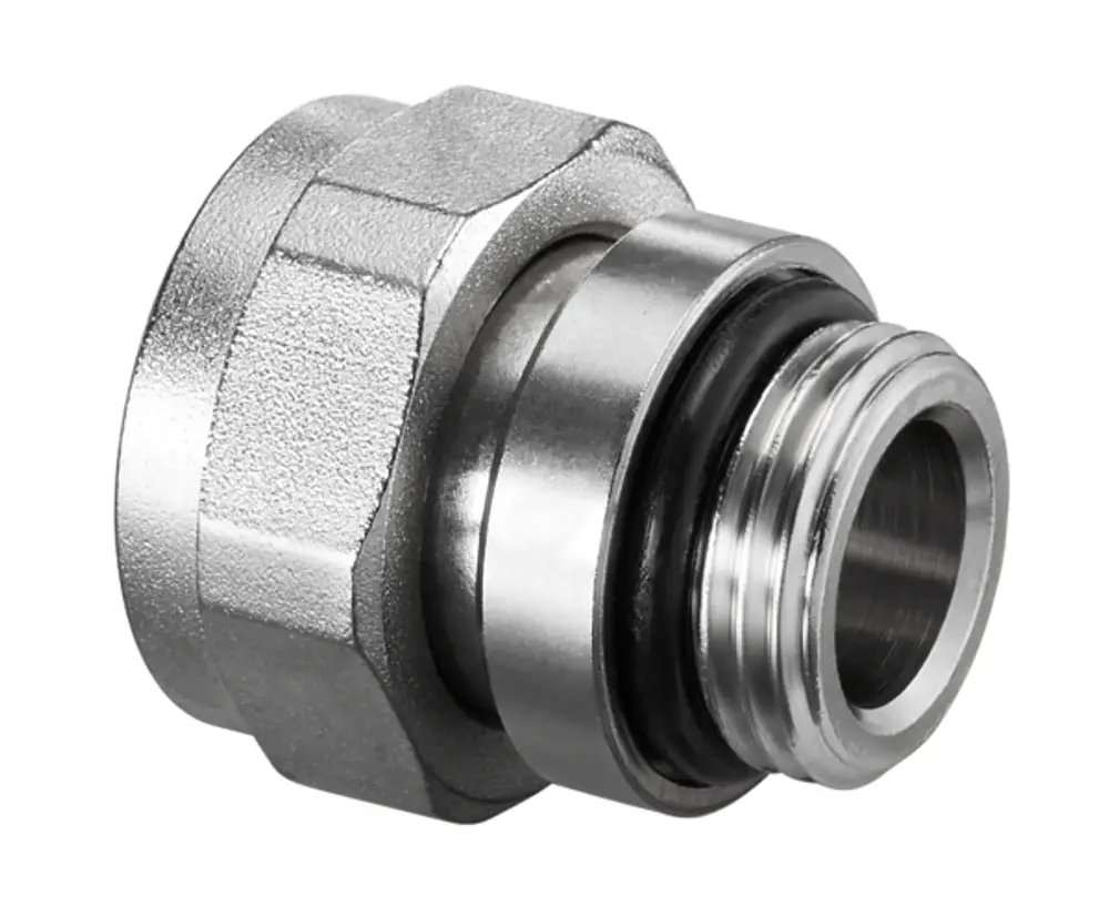 Selbstdichtende Verschraubung aus Metall mit O-Ring, geeignet für Rohrverbindungen. Oventrop-Produkt, zeigt eine hermetische Verbindung zwischen zwei Gewinden.